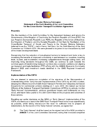 Statement of the 6th Meeting of the Joint Committee for the Cross-Border Transport Facilitation Agreement